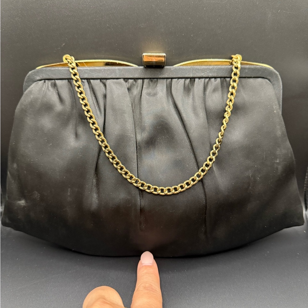 Vintage Black Satin Fabric Purse Clutch Evening Kisslock